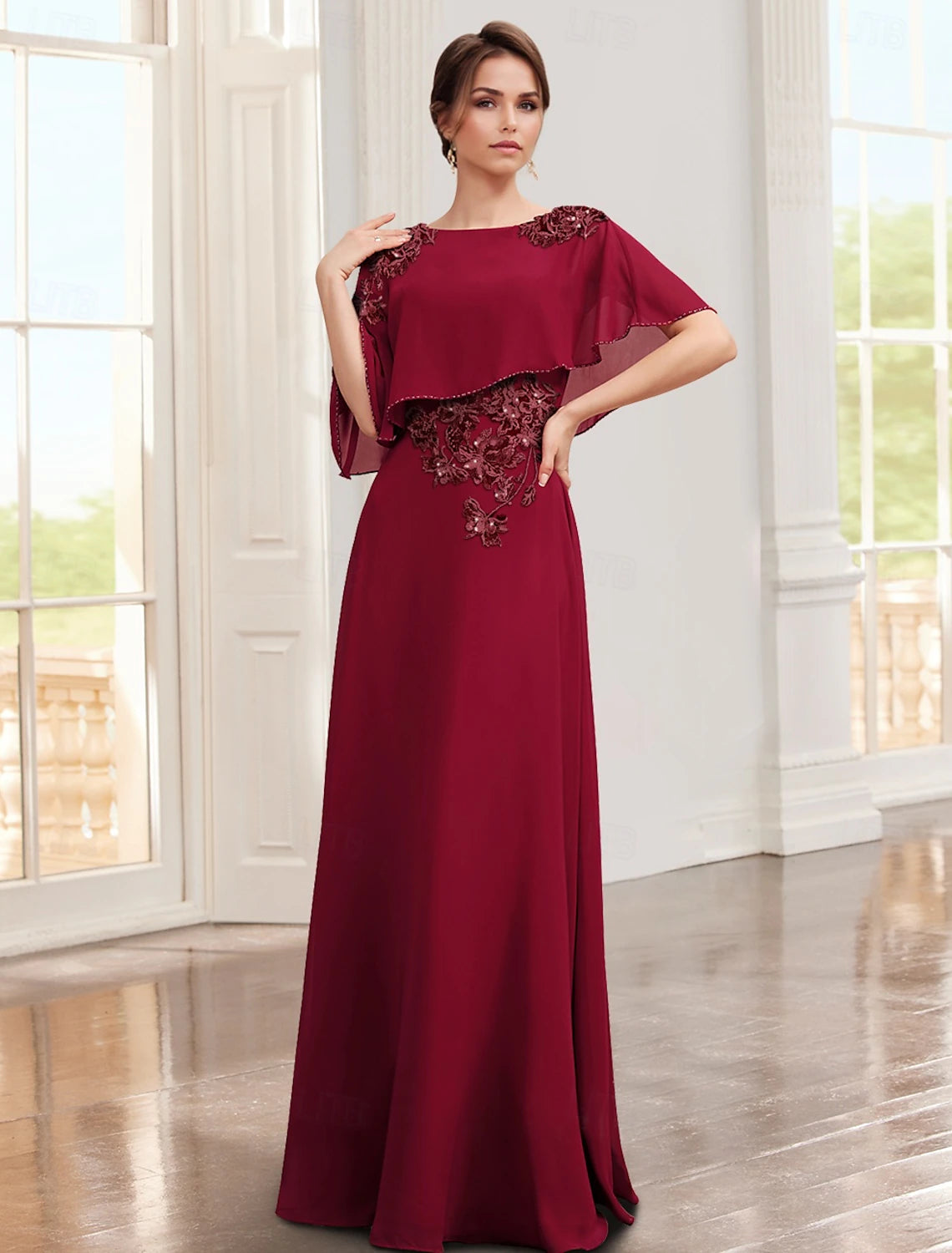Buyishang A-Line Dress Mother of the Bride Dress Elegant Jewel Neck Floor Length Chiffon Lace Half Sleeve with Appliques Solid Color